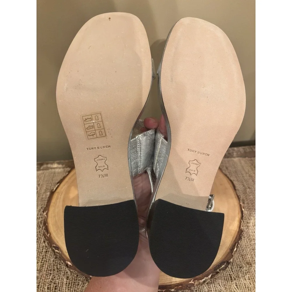TORY BURCH METALLIC‎ Silver LEATHER Eleanor Block HEEL Sandals 7.5 349$
